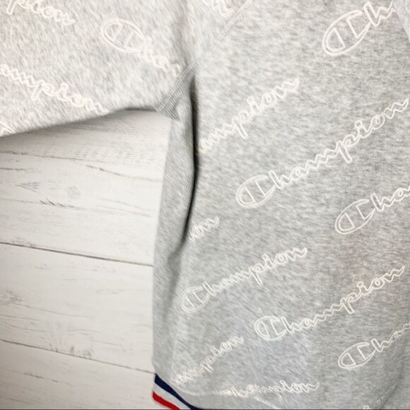 Champion logo hoodie light grey red navy stripe cuffs hem pullover ribbed XS - Picture 5 of 10